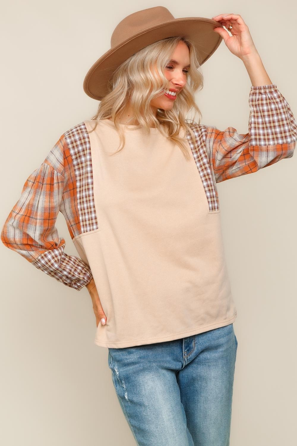 Solid Top W/ Contrast Plaid Print Sleeves