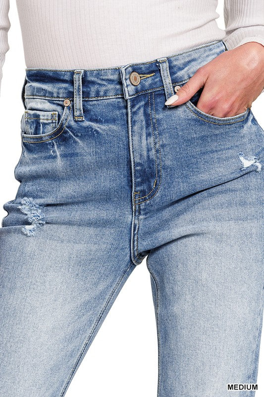 High Rise Straight Raw Hem Cropped Denim Pants