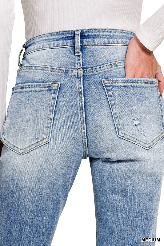 High Rise Straight Raw Hem Cropped Denim Pants