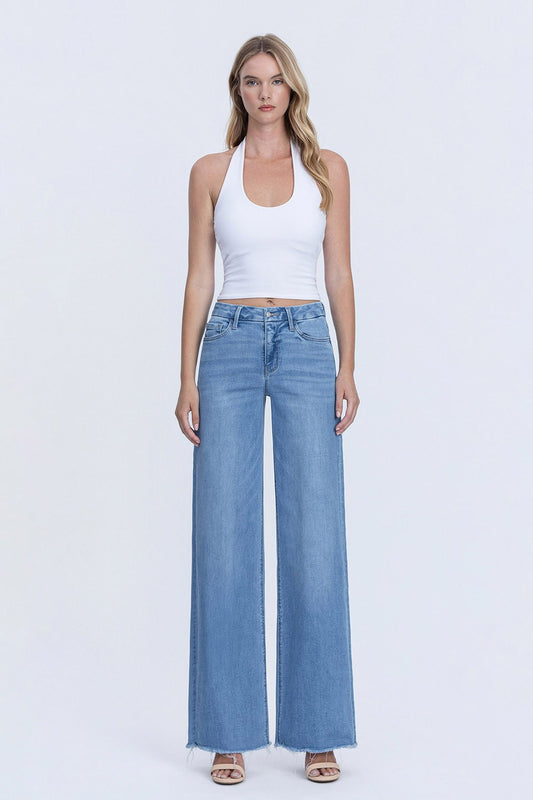 High Rise Medium Wash Frayed Hem Wide Leg Jeans
