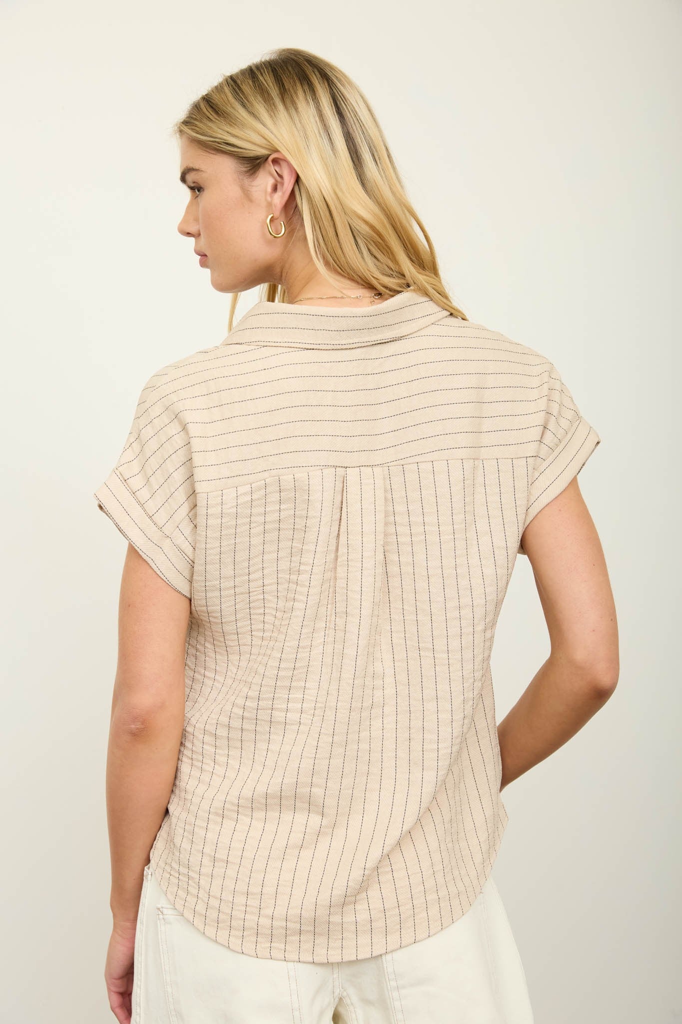 Stripe Collared Short Cuff Sleeve Half Button Top