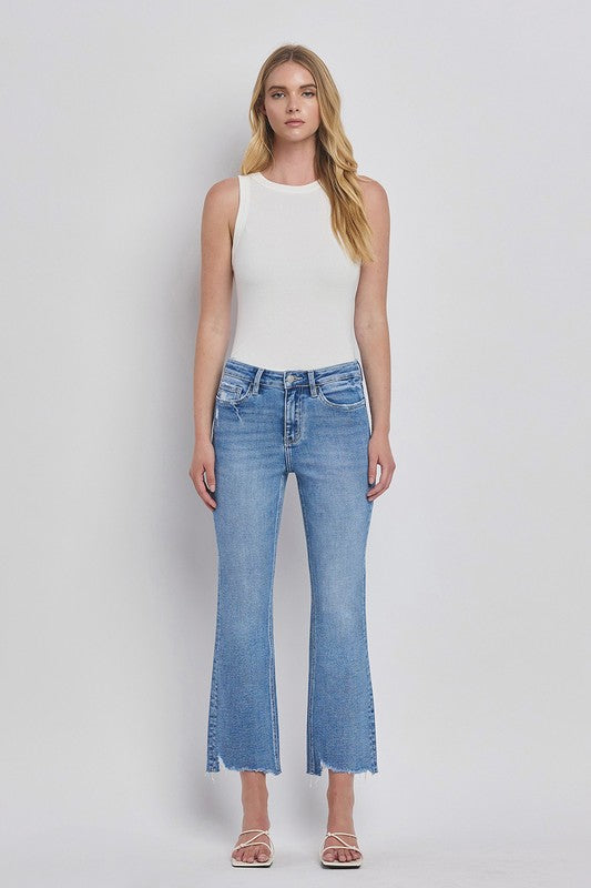 High Rise Uneven Raw Hem Kick Flare Jeans