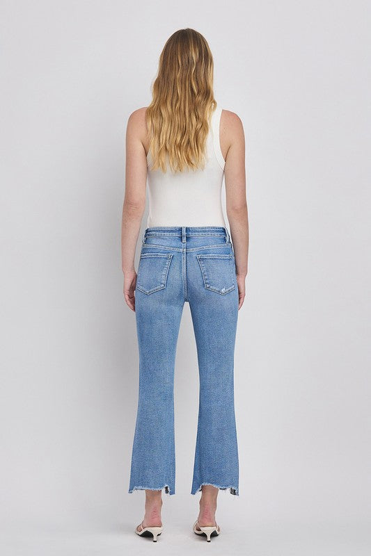High Rise Uneven Raw Hem Kick Flare Jeans