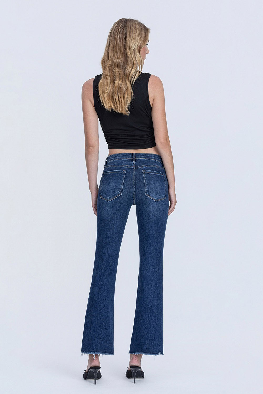 Mid Rise Dark Wash Frayed Hem Kick Flare Jeans