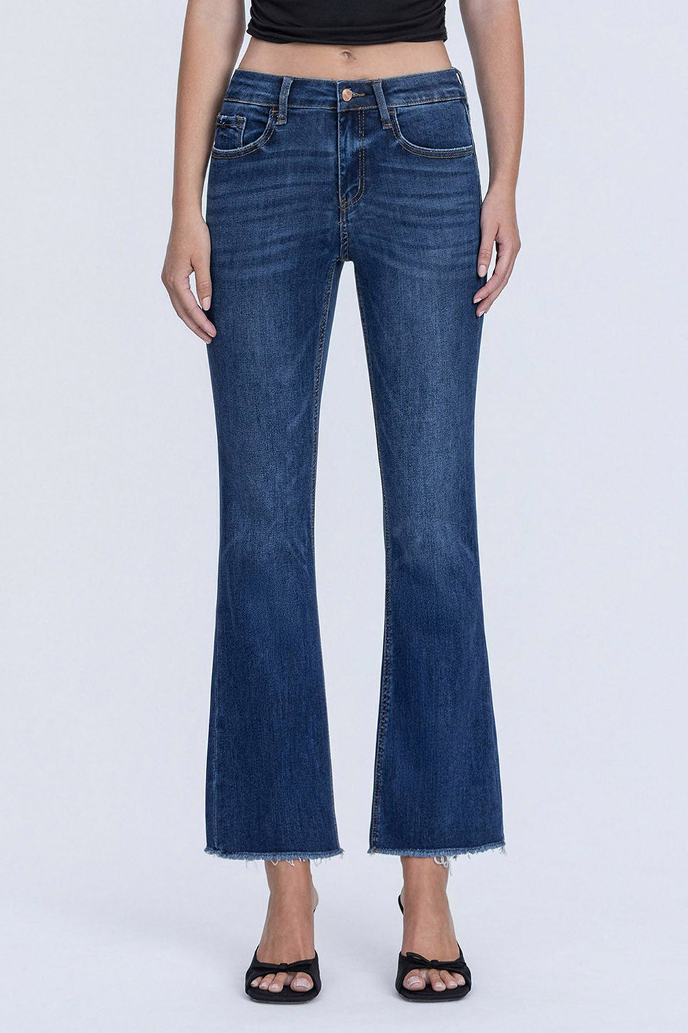 Mid Rise Dark Wash Frayed Hem Kick Flare Jeans