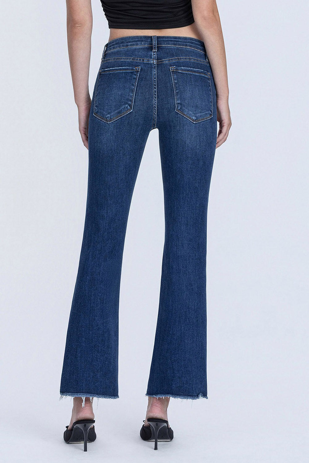 Mid Rise Dark Wash Frayed Hem Kick Flare Jeans