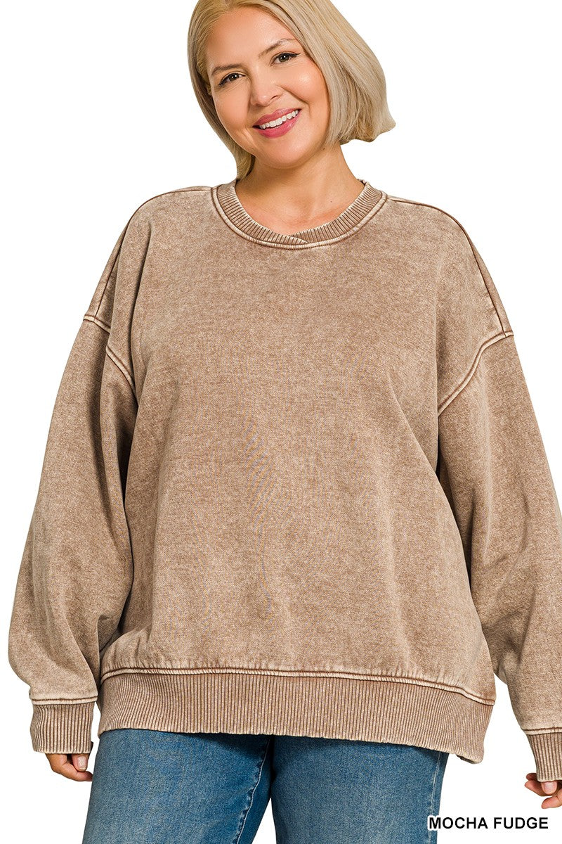 Plus Acid Wash Oversized Fleece Pullover