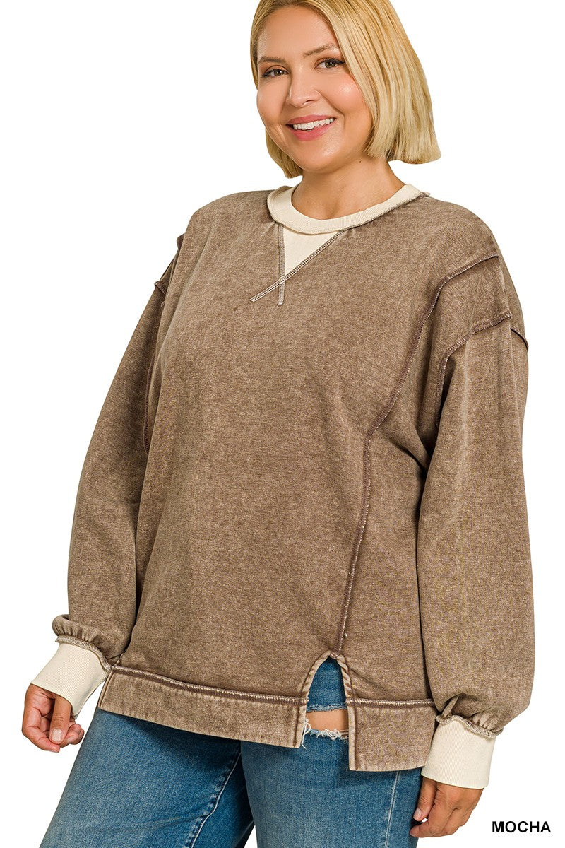 Plus Fleece Acid Washed Contrast Trim Sweatshirts