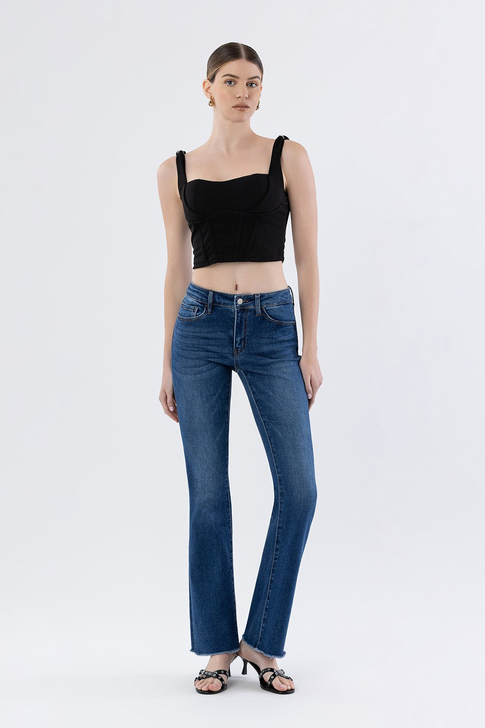 Mid Rise Raw Hem Dark Wash Bootcut Jeans