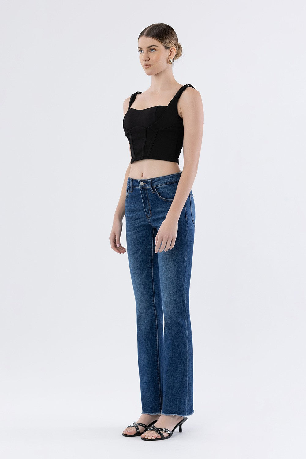 Mid Rise Raw Hem Dark Wash Bootcut Jeans