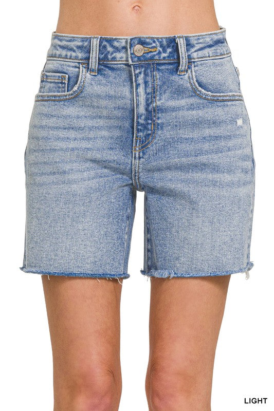 Mid Rise Raw Hem Denim Shorts