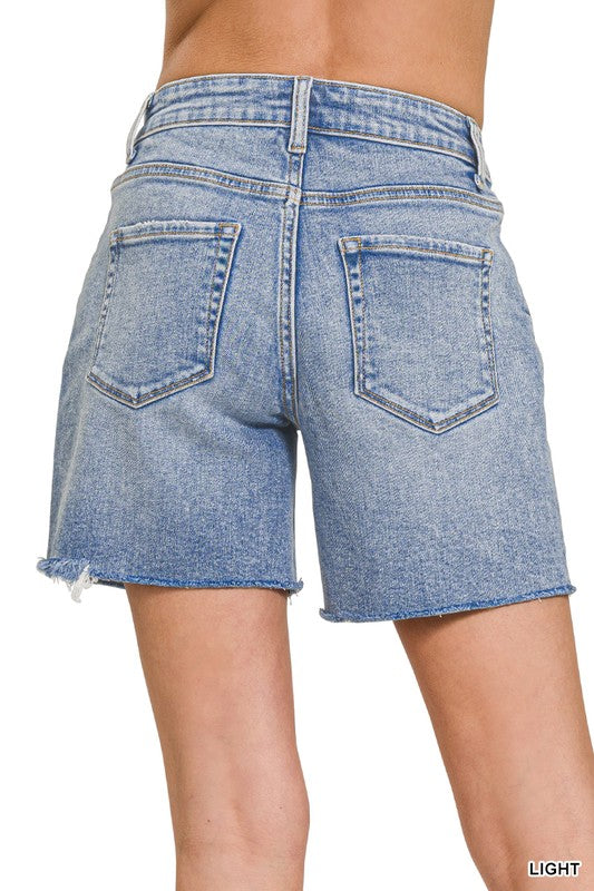 Mid Rise Raw Hem Denim Shorts