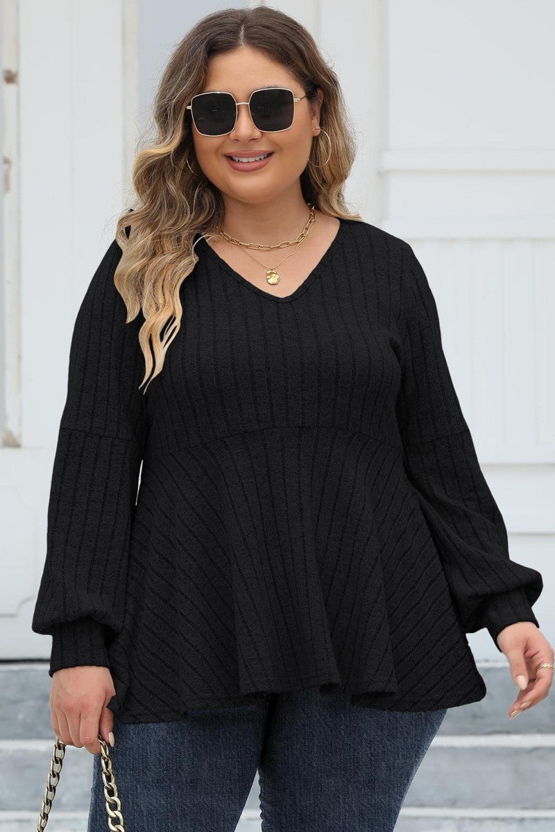 Plus - V Neck Ribbed Long Sleeve Peplum Top