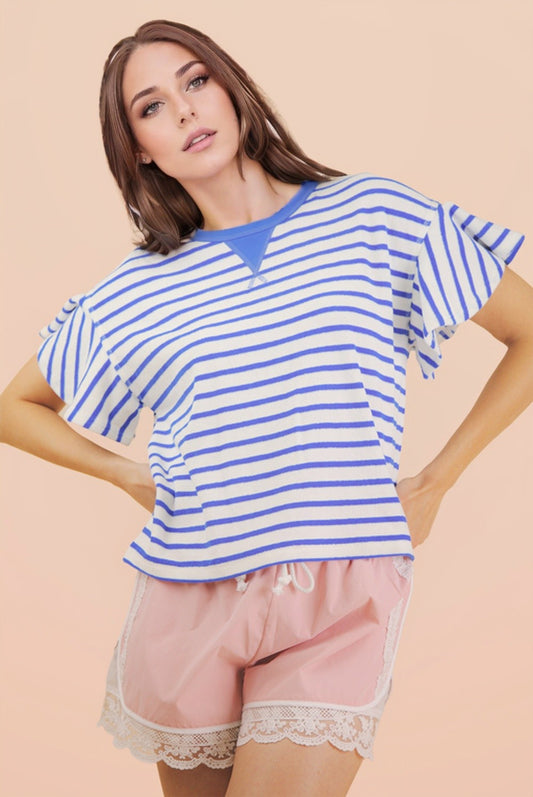 Oversized Ruffle Sleeve Casual Stripe Knit Top