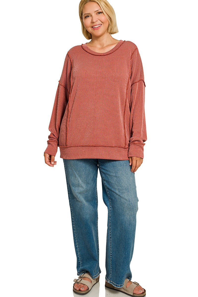 Plus Raised Rib Long Sleeve Round Neck Pullover