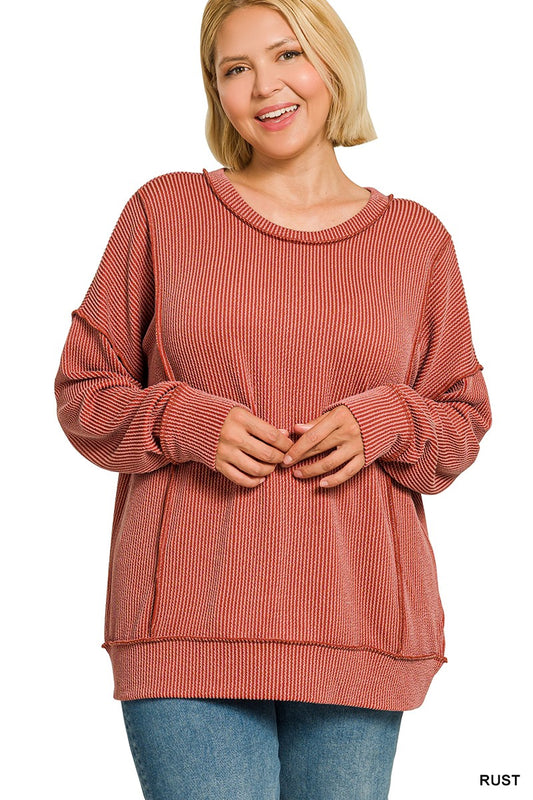 Plus Raised Rib Long Sleeve Round Neck Pullover