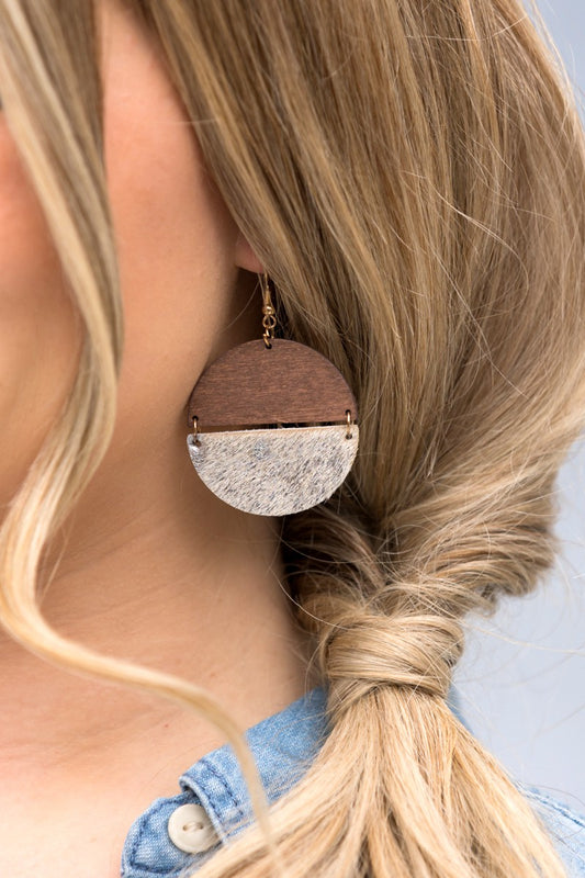 Leather & Wood Half Circle Earrings