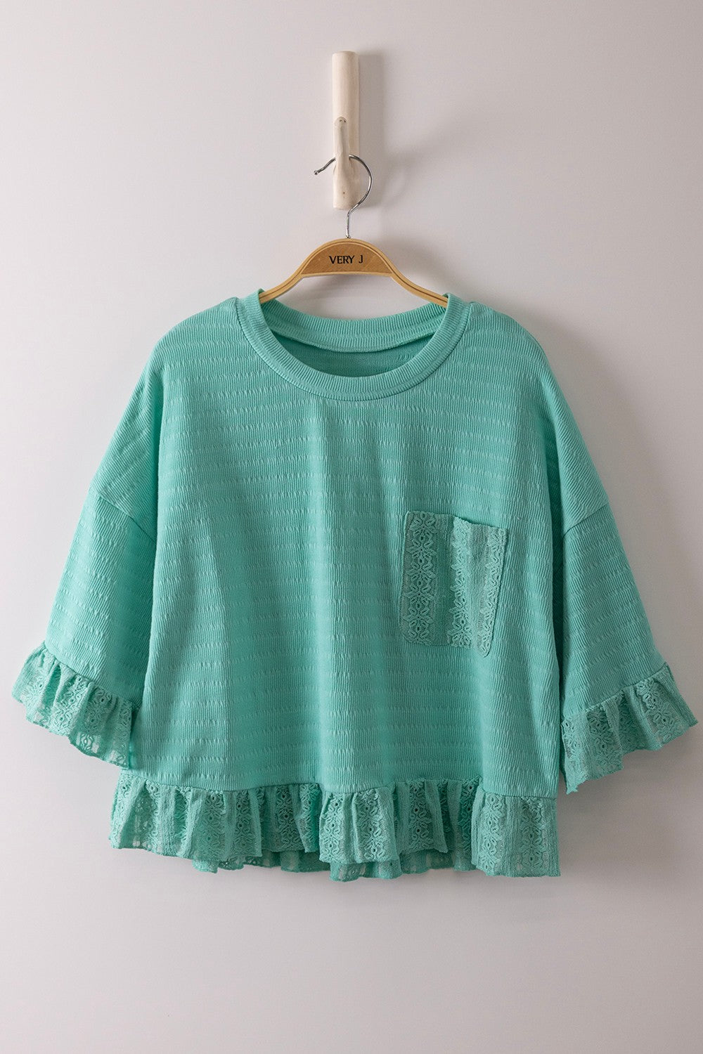 Half Sleeve Lace Ruffle Detail Textured Knit Top