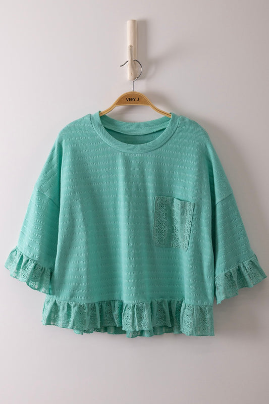 Half Sleeve Lace Ruffle Detail Textured Knit Top