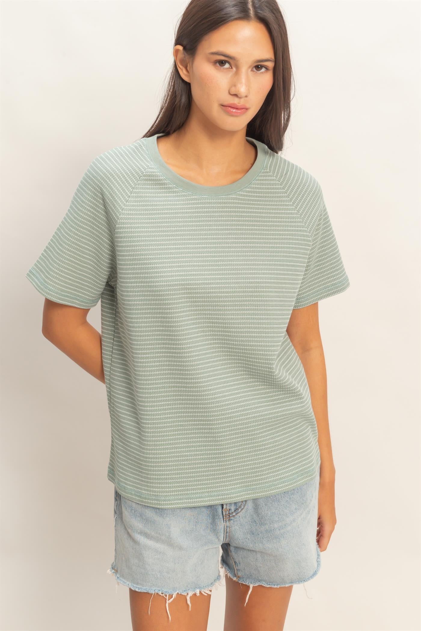 Textured Striped Raglan Sleeve Tee