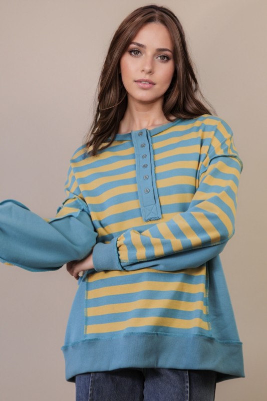 Oversized Striped Half Button Down Casual Knit Top