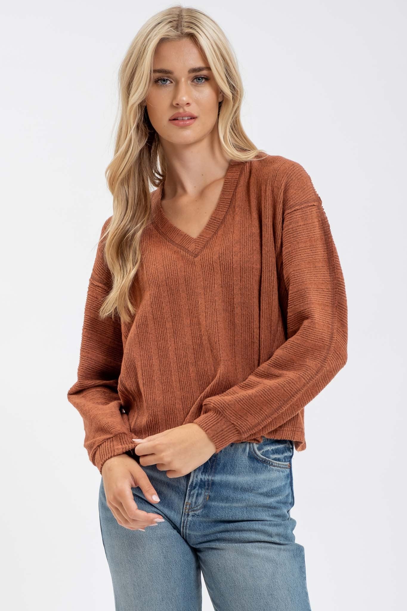 V Neck Long Sleeve Knit Top