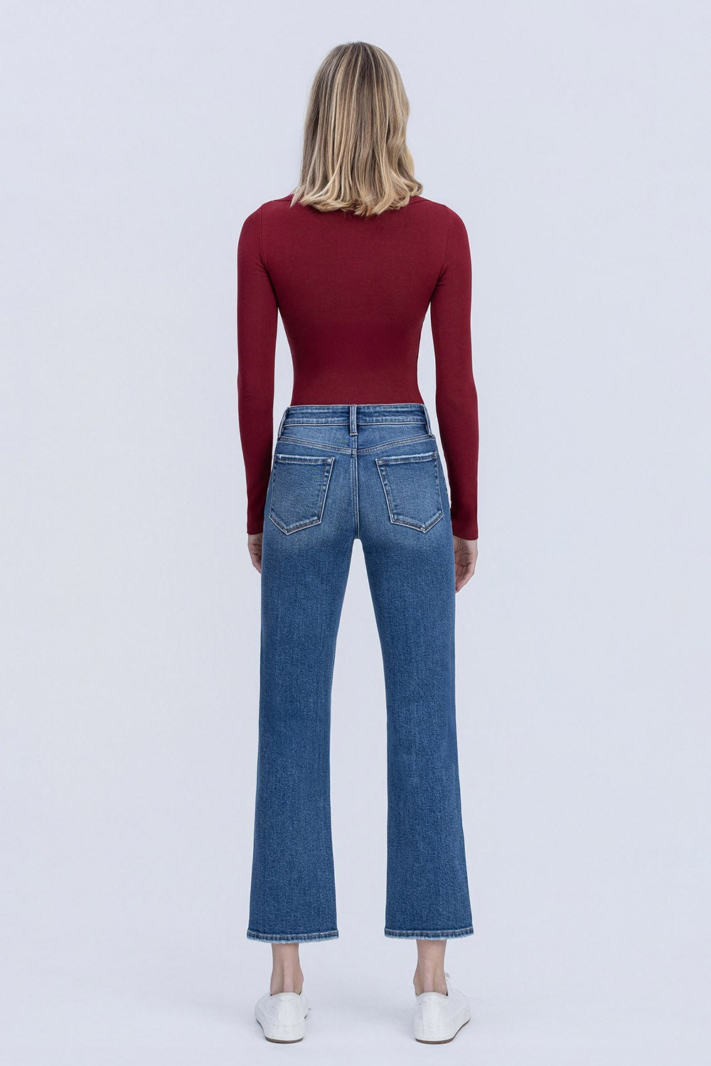 Mid Rise Medium Dark Wash Ankle Straight Jeans