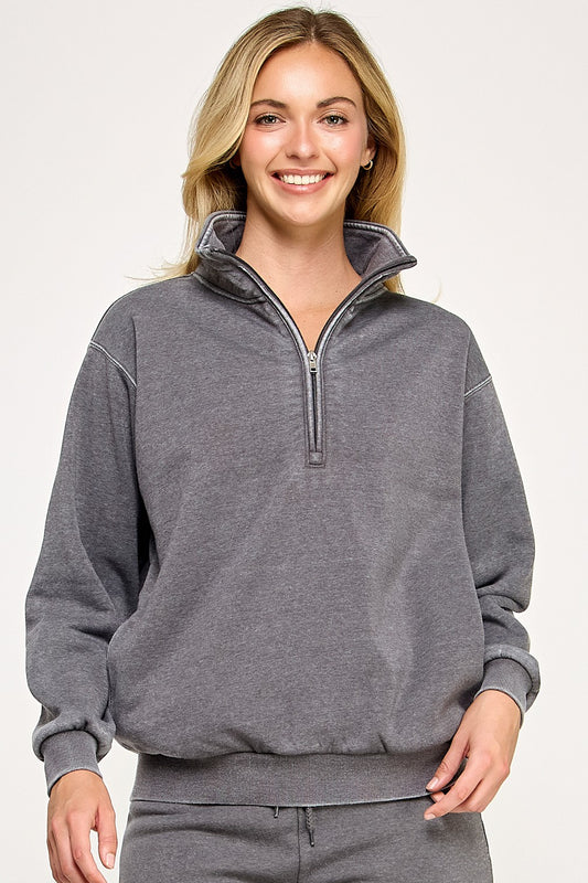 Burn Out Half Zip Up With Mock Neck Collar